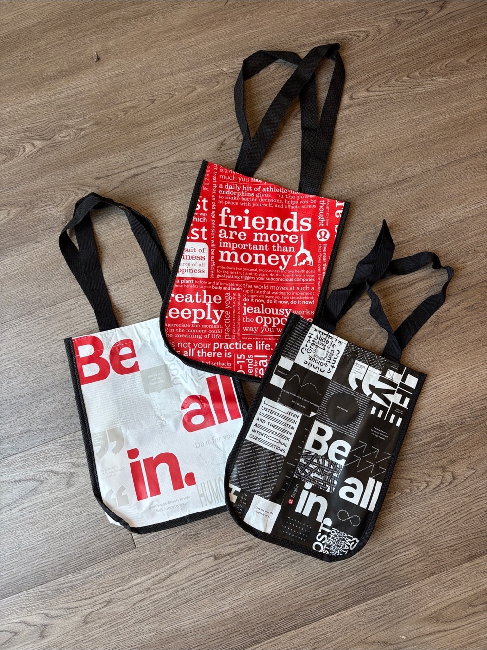 New lululemon athletica reusable poly Tote Bag Be All In snap bundle set of 3